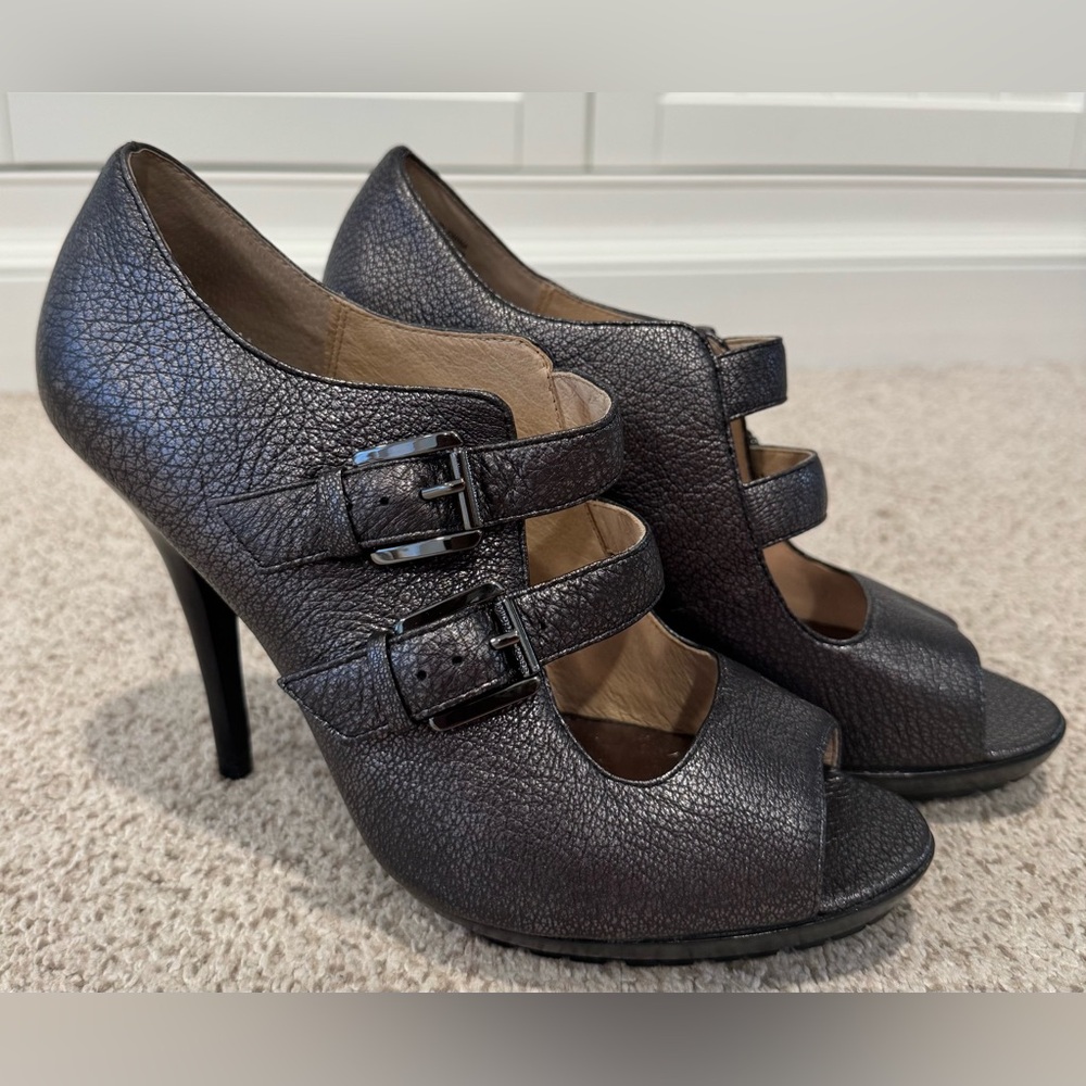 Michael Kors Webster Open-Toe Gunmetal Double Buckle Non-Slip Heels